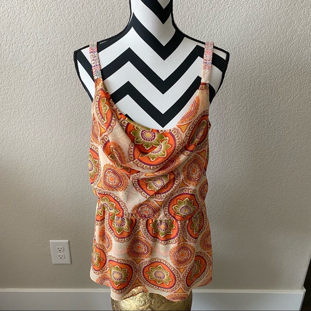 ECI || orange floral print sleeveless blouse with embellishments